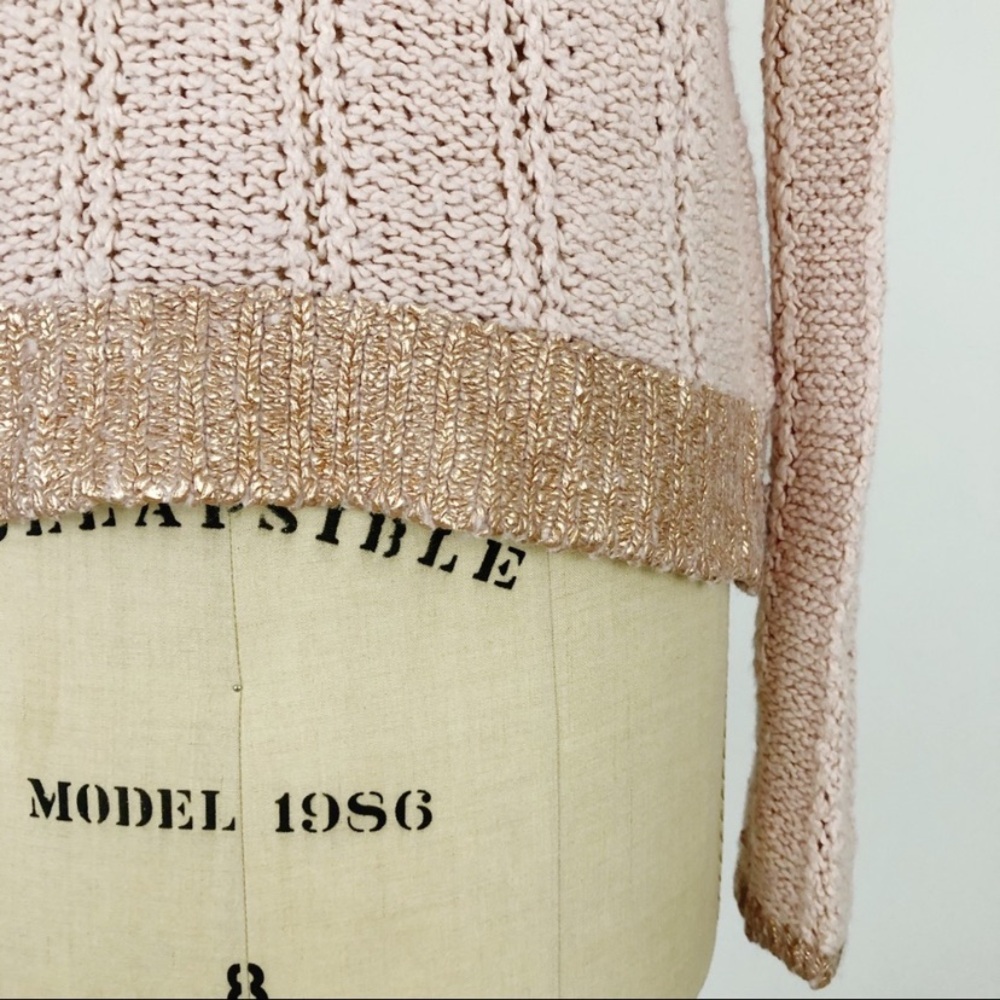 Anthro Moth Metallic Gold Wool Blend Rose Pink Chunky Open Knit Pullover Sweater - Picture 6 of 9